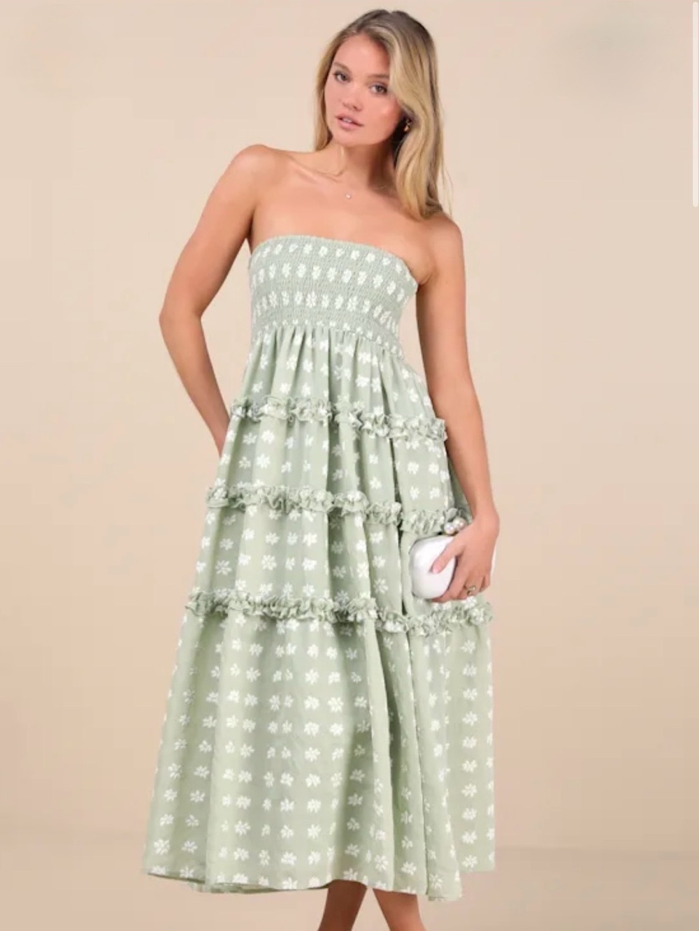 Lulus Beautiful Sentiments Sage Floral Strapless Tiered Midi Dress